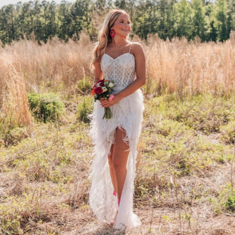Jovani White Feathered Prom Dress